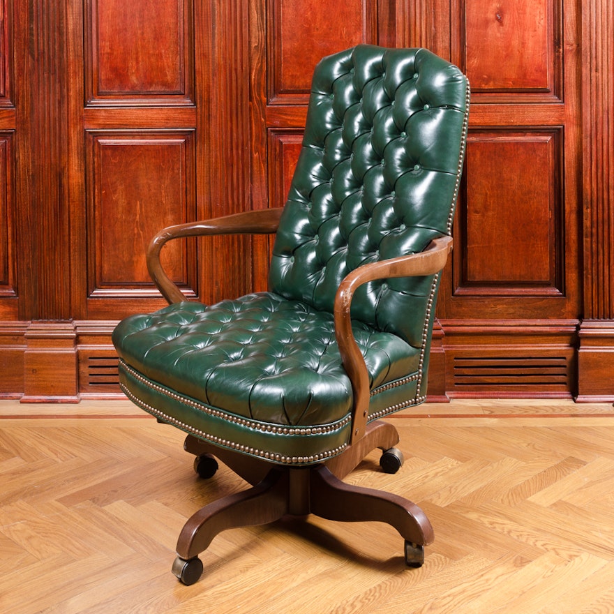 Vintage Tufted Green Leather Office Chair | EBTH