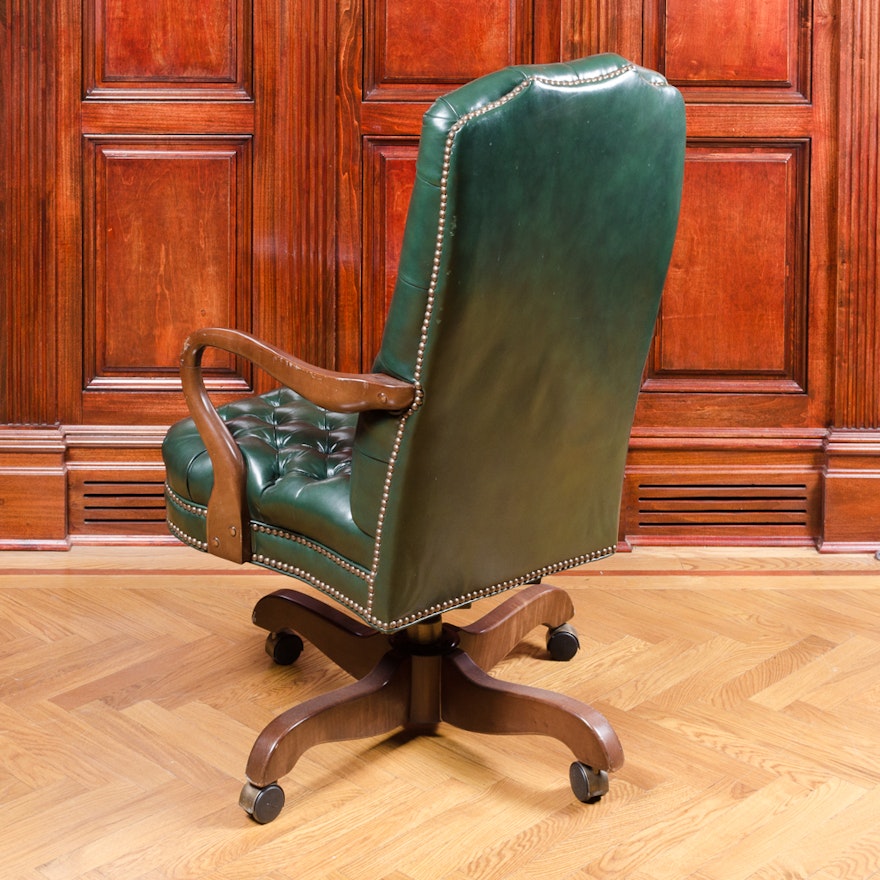 Vintage Tufted Green Leather Office Chair | EBTH
