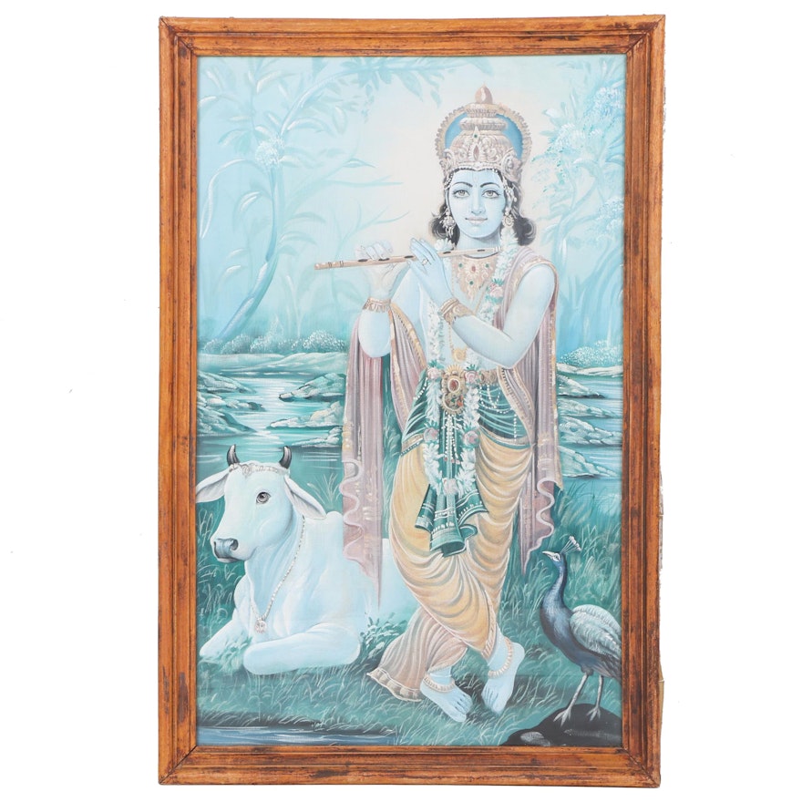 Gouache Painting on Canvas of Krishna