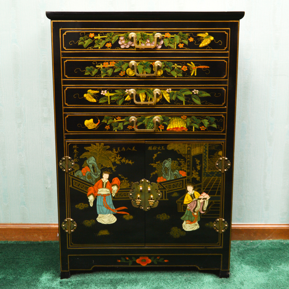 Chinoiserie Black Lacquered Silverware Chest Ebth