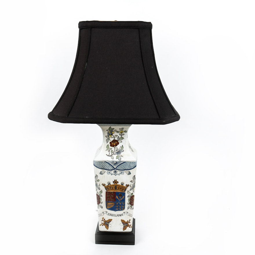 Chinoiserie Porcelain Lamp with Black Shade | EBTH Chinoiserie Porcelain Lamp with Black Shade | EBTH