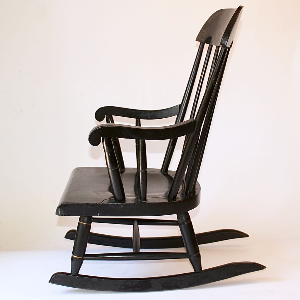 Vintage Circa 1960s Child's Black & Gold Trim Arm Rocking Chair | EBTH