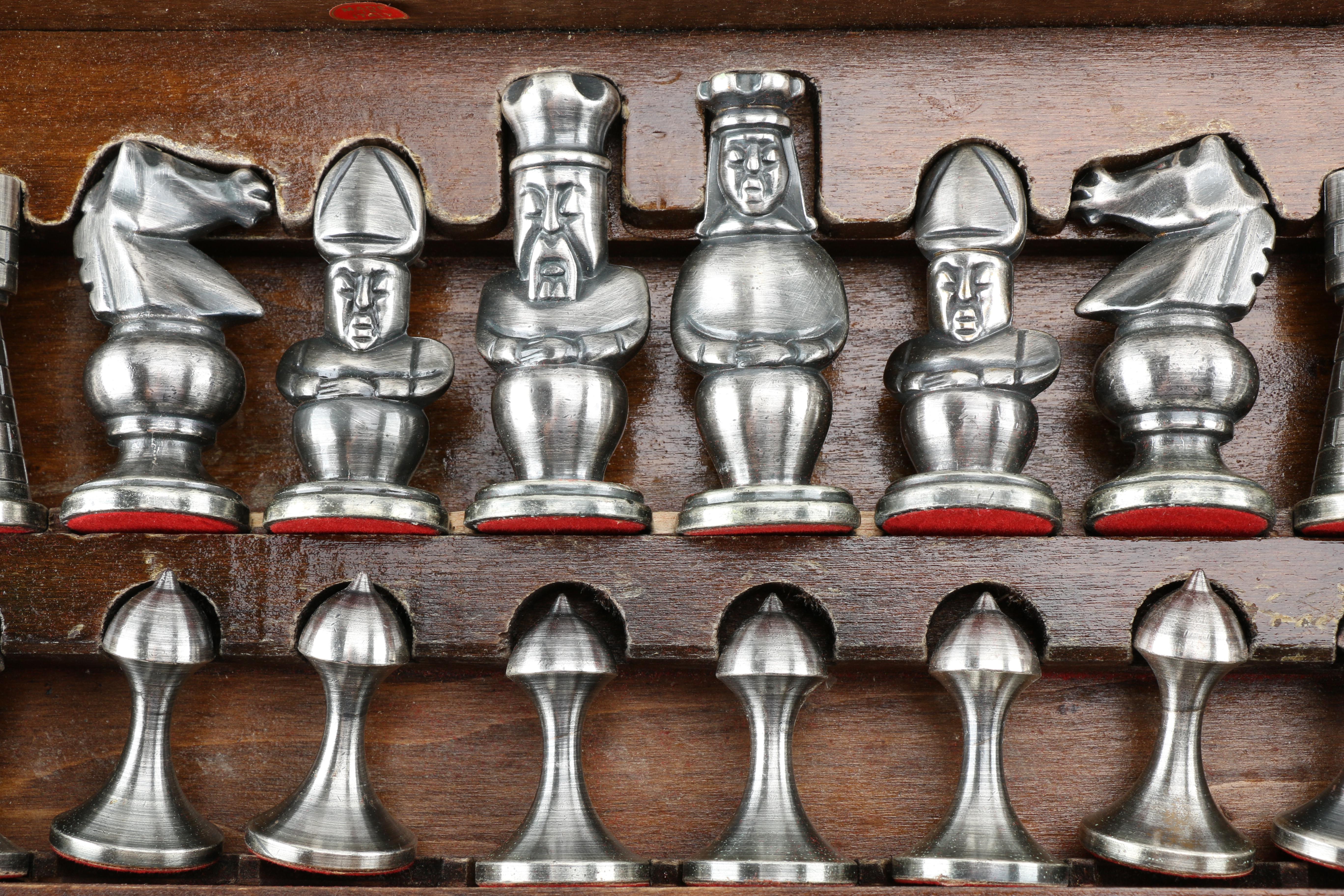 Pewter and Brass Chess Set with Agate Limestone Chess Board EBTH