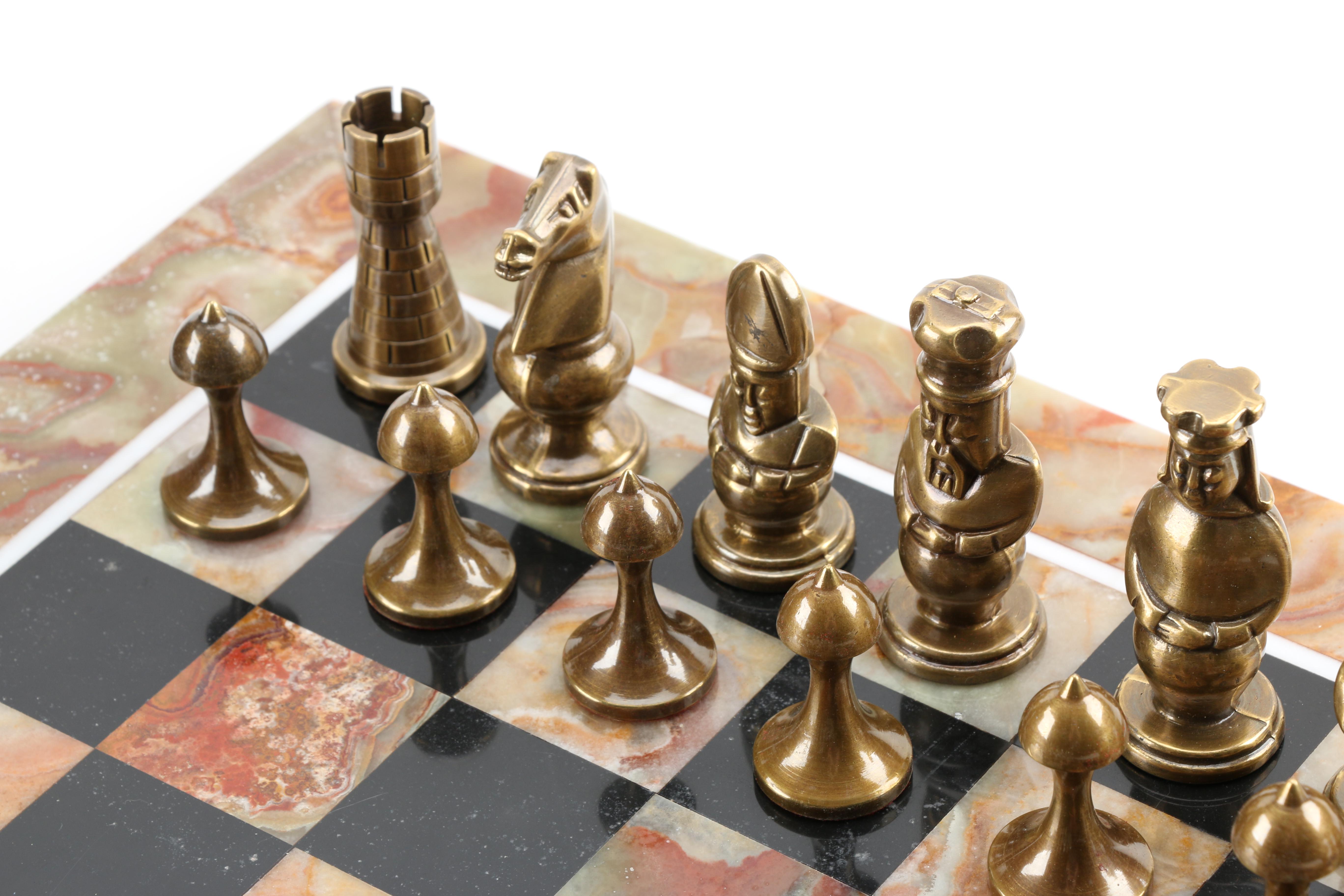 Pewter and Brass Chess Set with Agate Limestone Chess Board EBTH