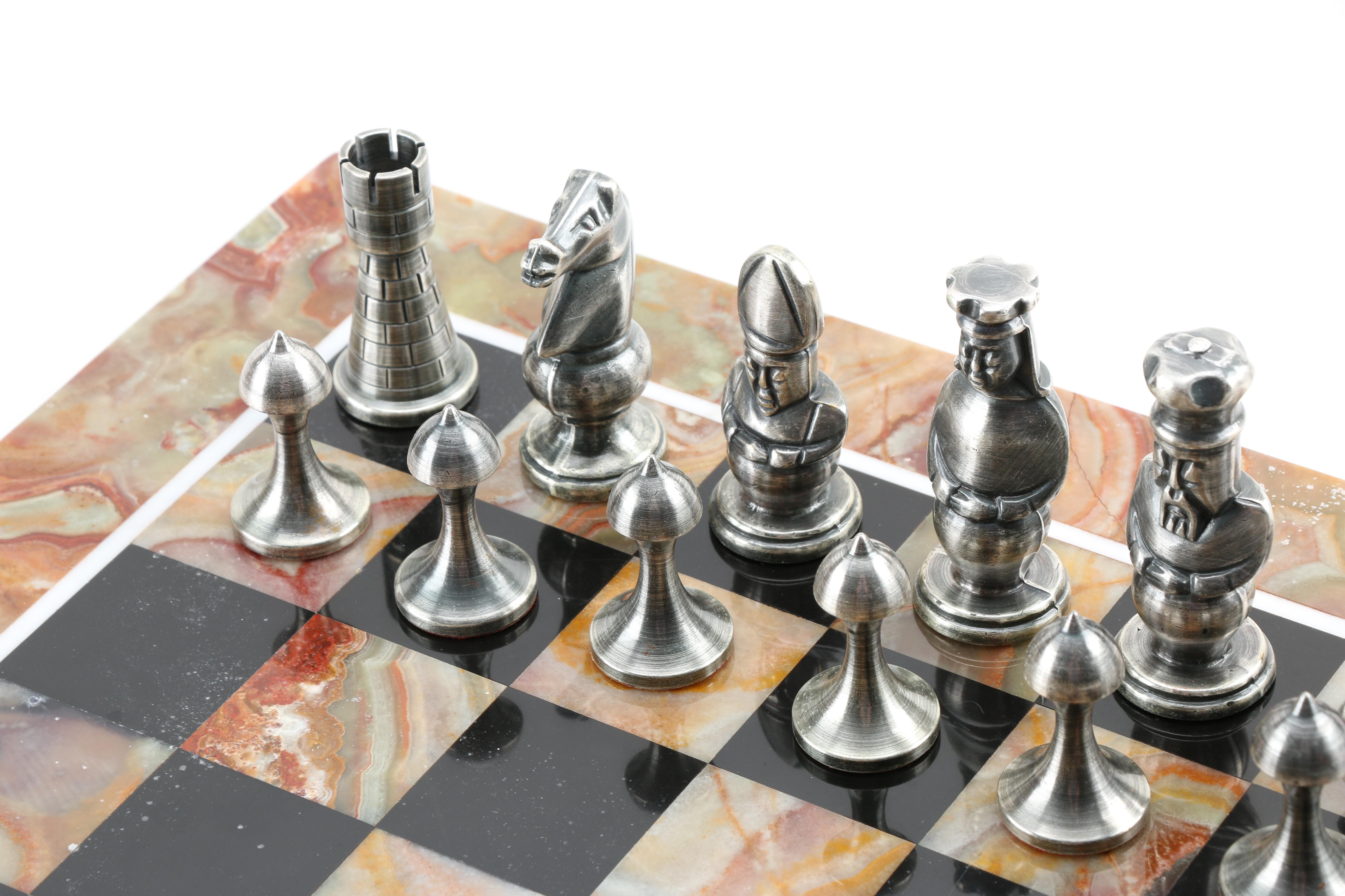 Pewter and Brass Chess Set with Agate Limestone Chess Board EBTH