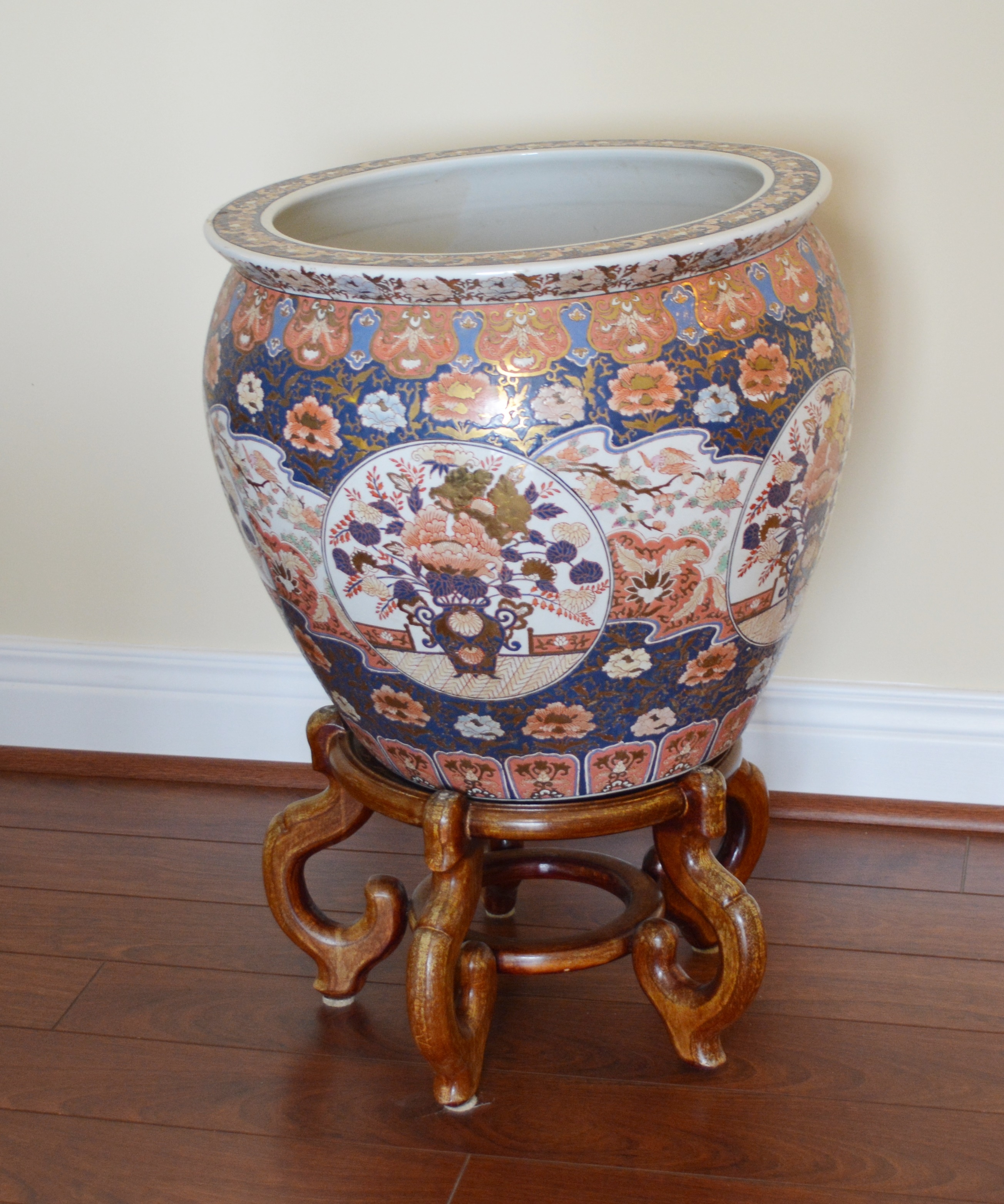 Large Chinese Fishbowl Ceramic Pot With Stand EBTH
