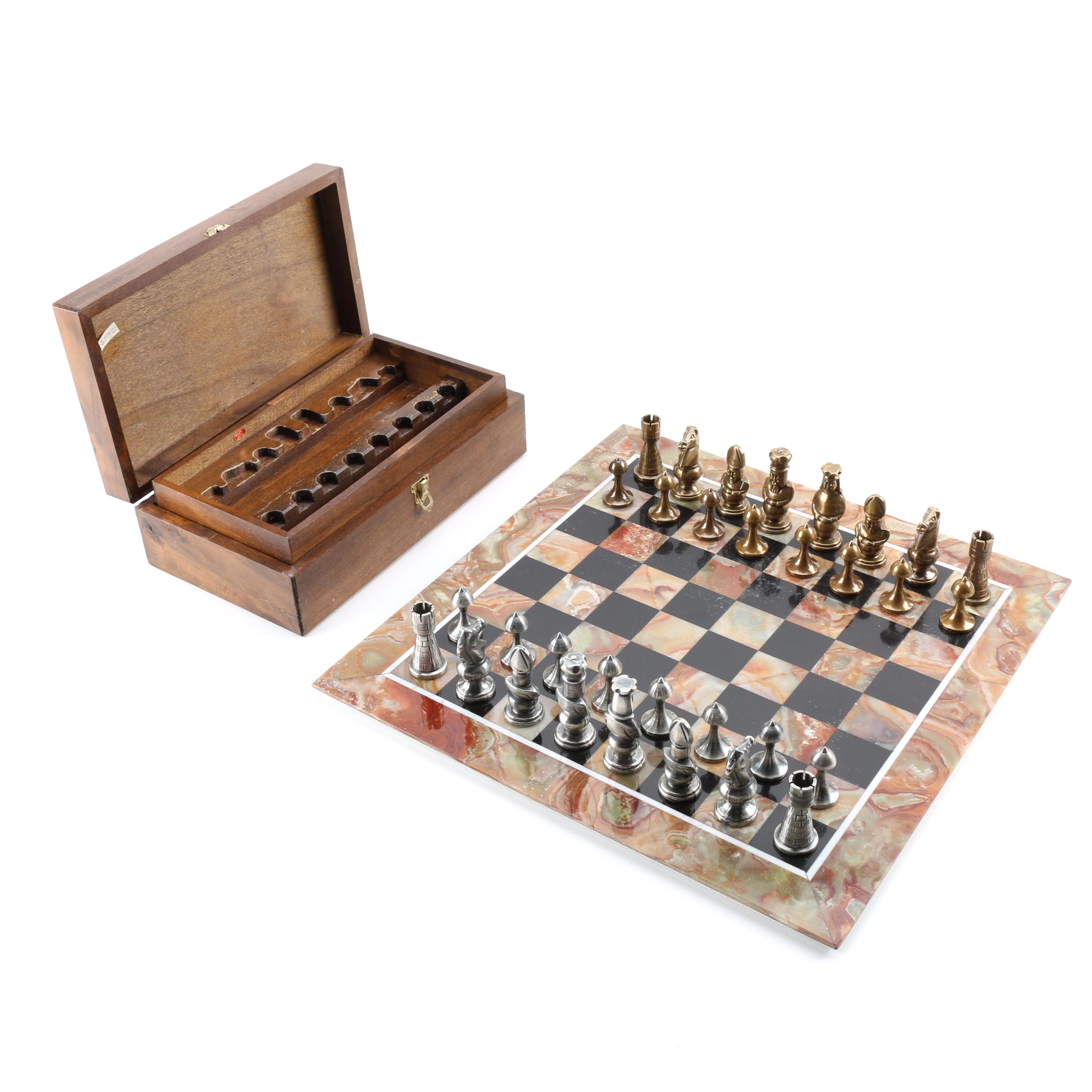 Pewter and Brass Chess Set with Agate Limestone Chess Board EBTH