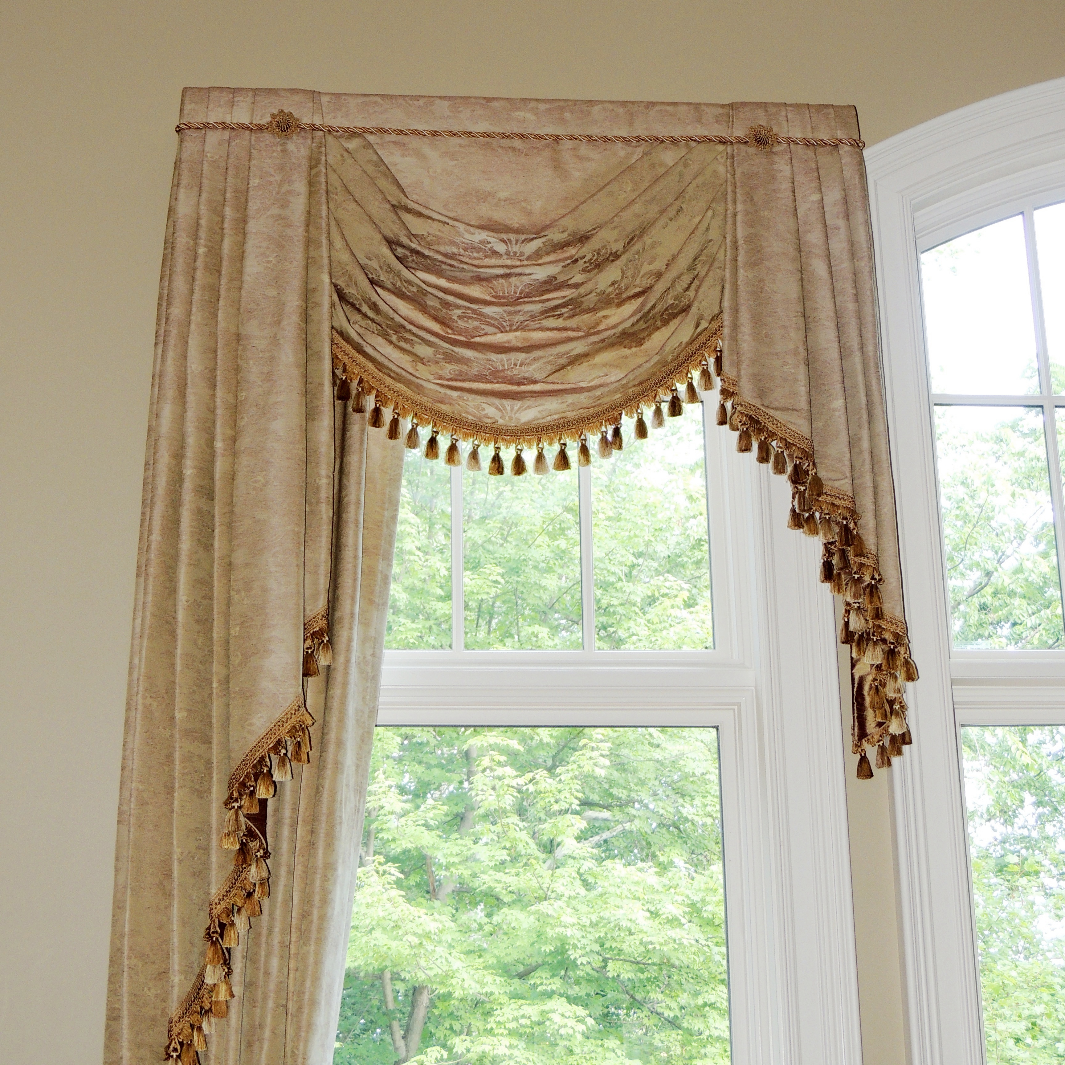 Custom Drapery Fringed Valances And Draperies In Rose And Cream Ebth