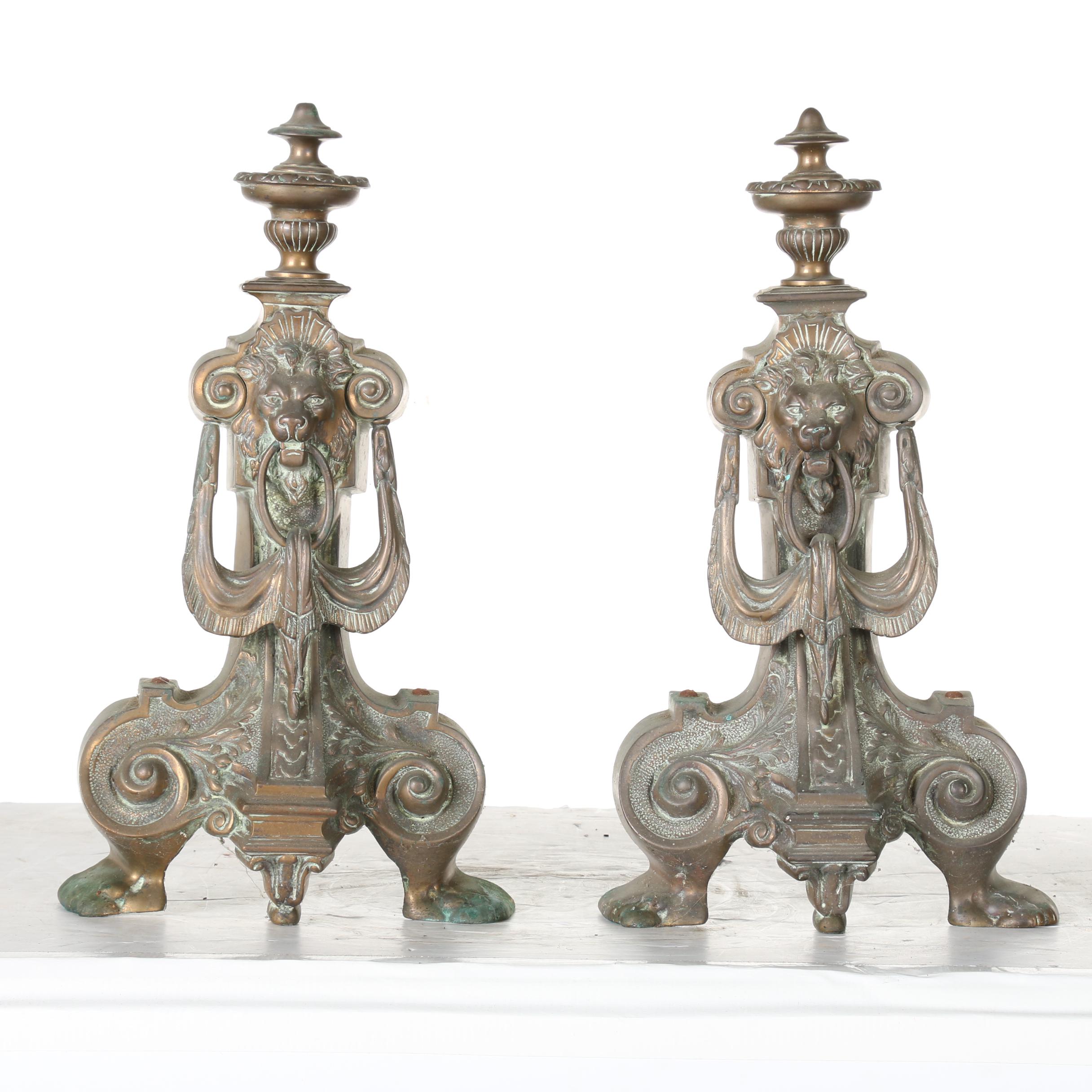 Antique Metal Lion Fireplace Andirons Ebth