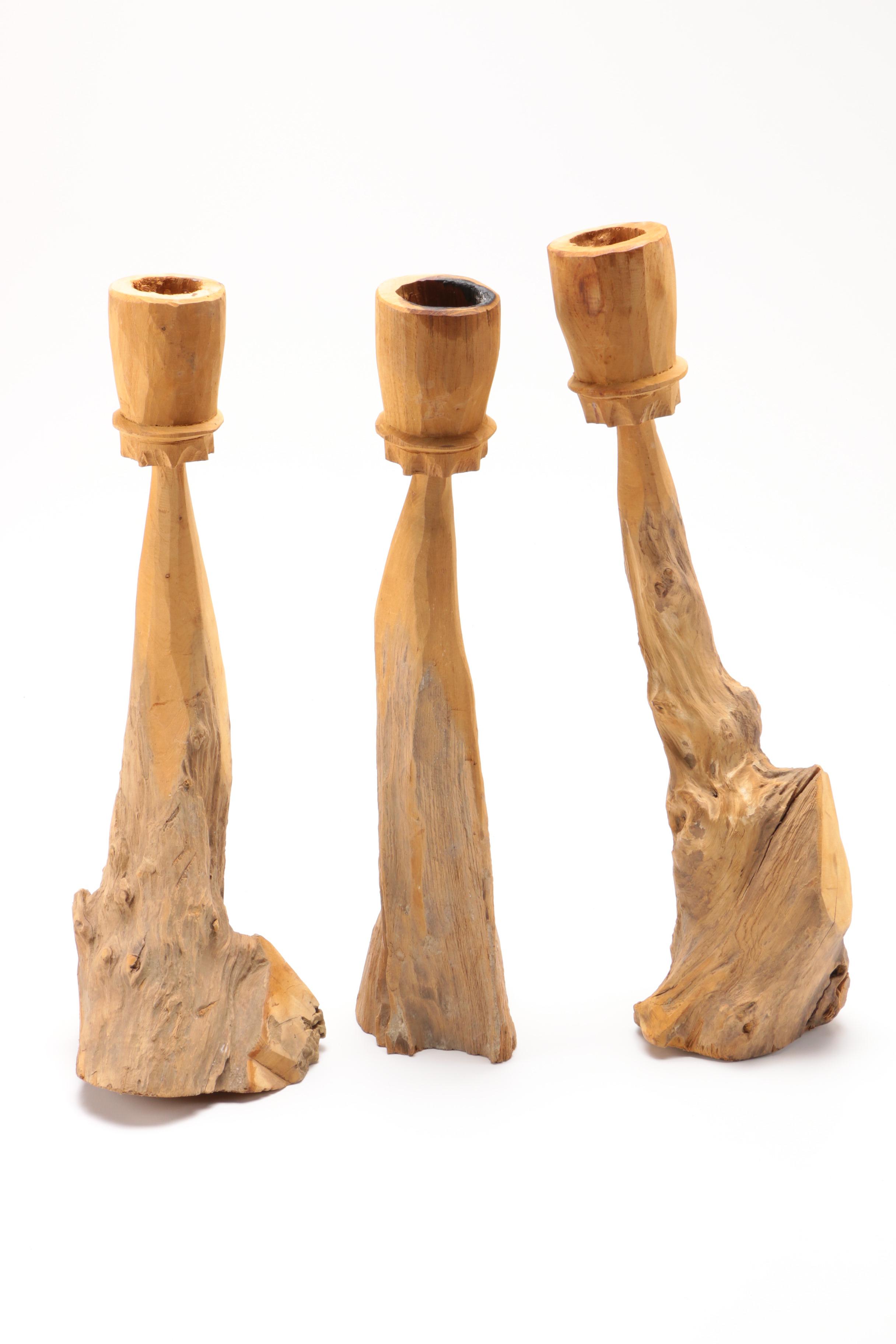 Hand Carved Natural Wood Candlesticks EBTH