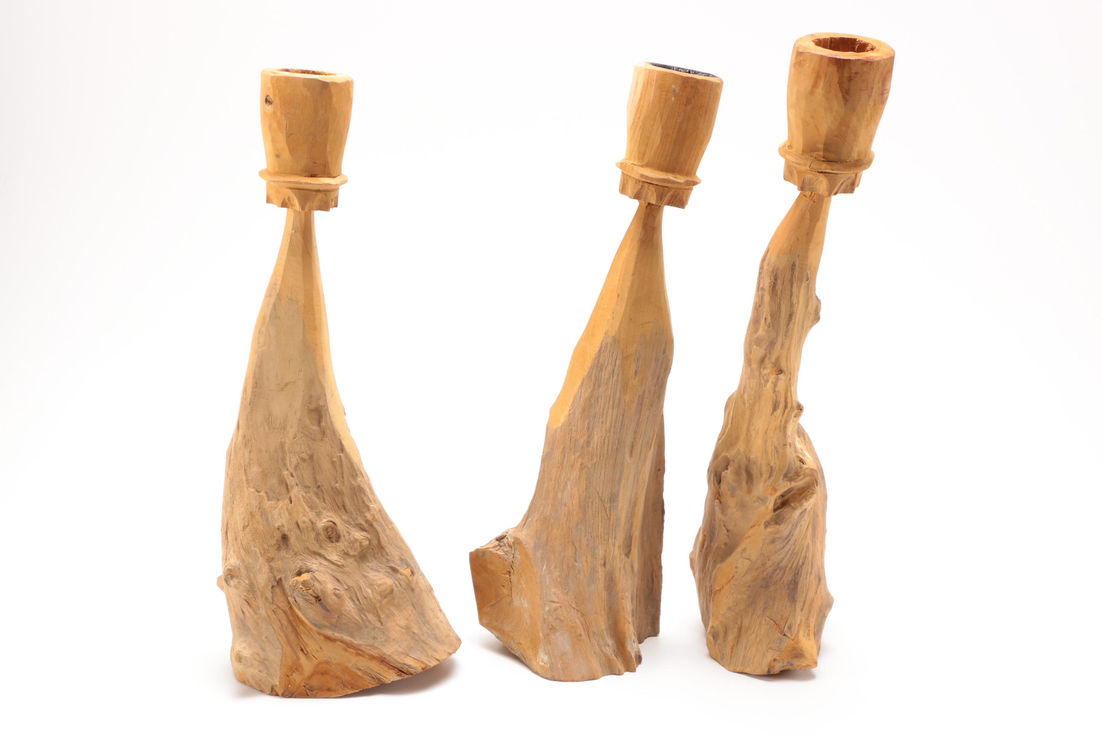 Hand Carved Natural Wood Candlesticks EBTH