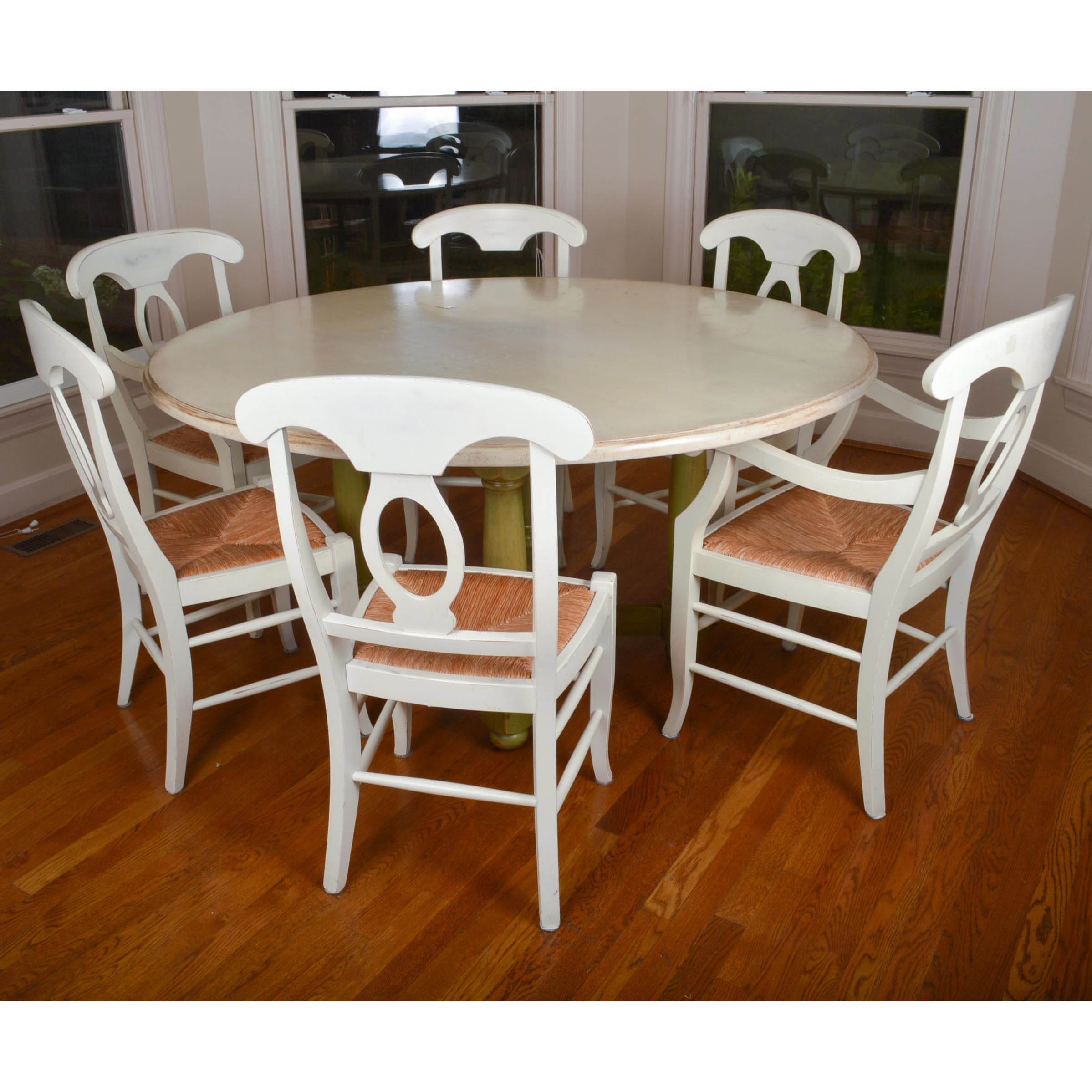 Pottery Barn Round Farmhouse Style Dining Table With Six Chairs EBTH