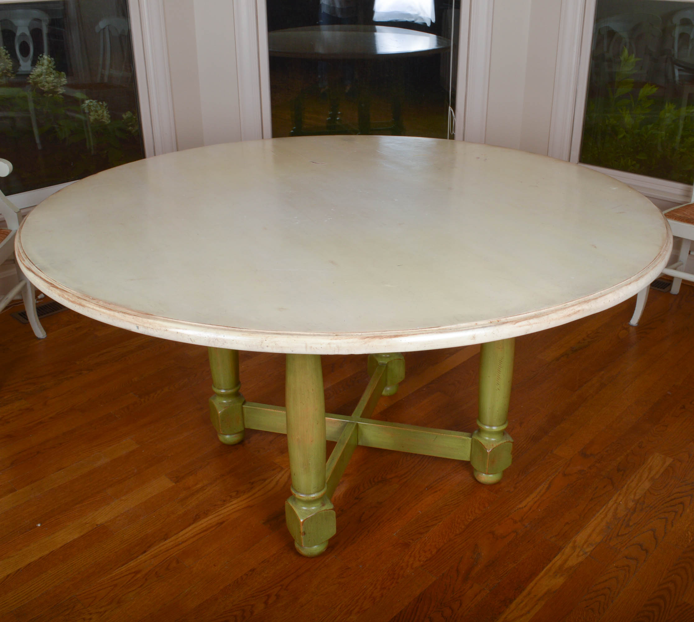 Pottery Barn Round Farmhouse Style Dining Table With Six Chairs | EBTH