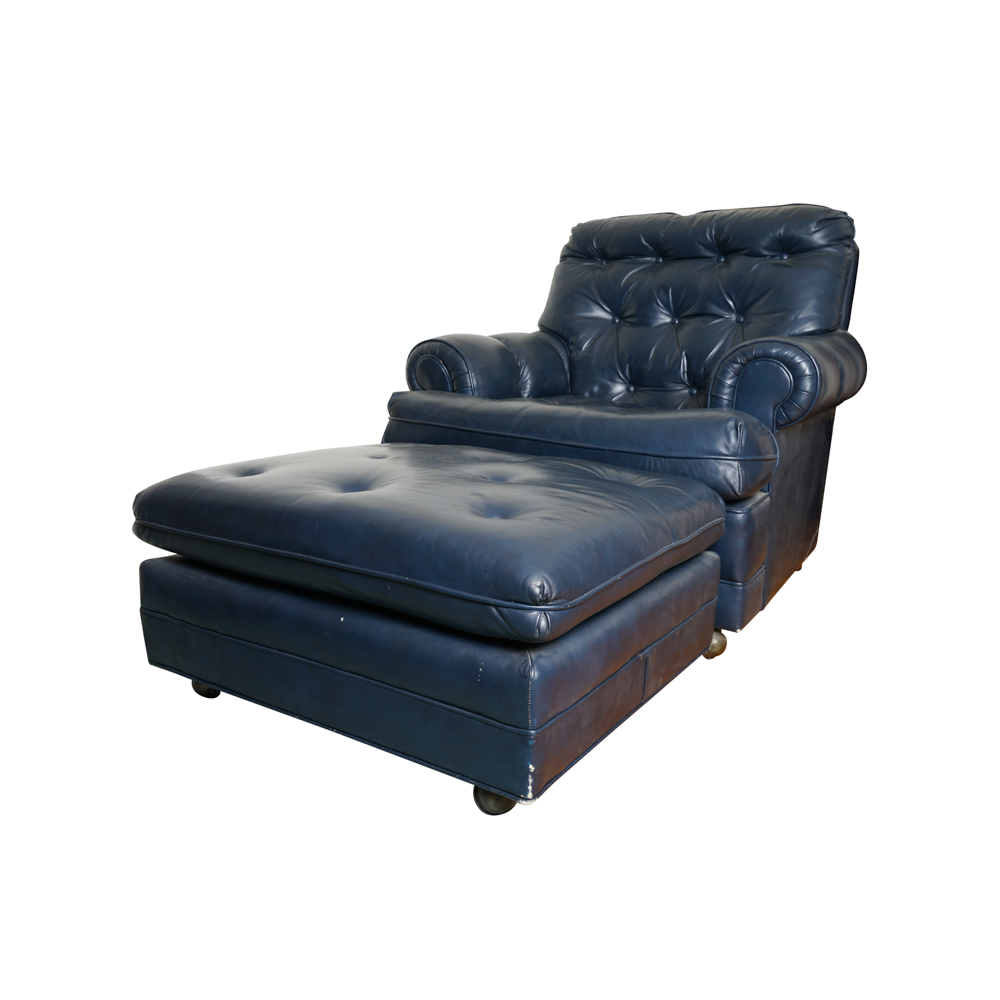 Vintage Blue Leather Club Chair and Ottoman by Classic Leather, Inc. EBTH