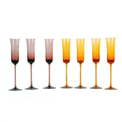 Vintage Purple and Yellow Crackle Glass Champagne Flutes