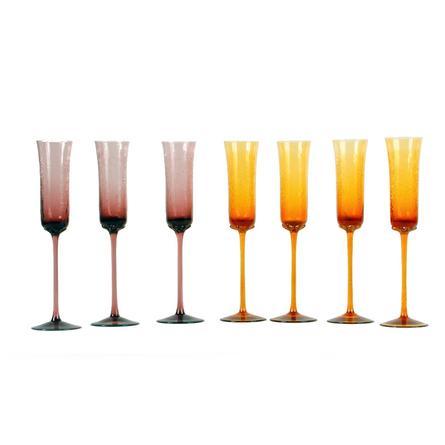 Vintage Purple and Yellow Crackle Glass Champagne Flutes