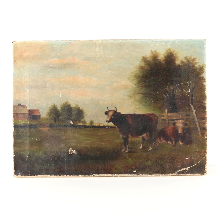 Oil on Canvas of Cows in Pastoral Landscape