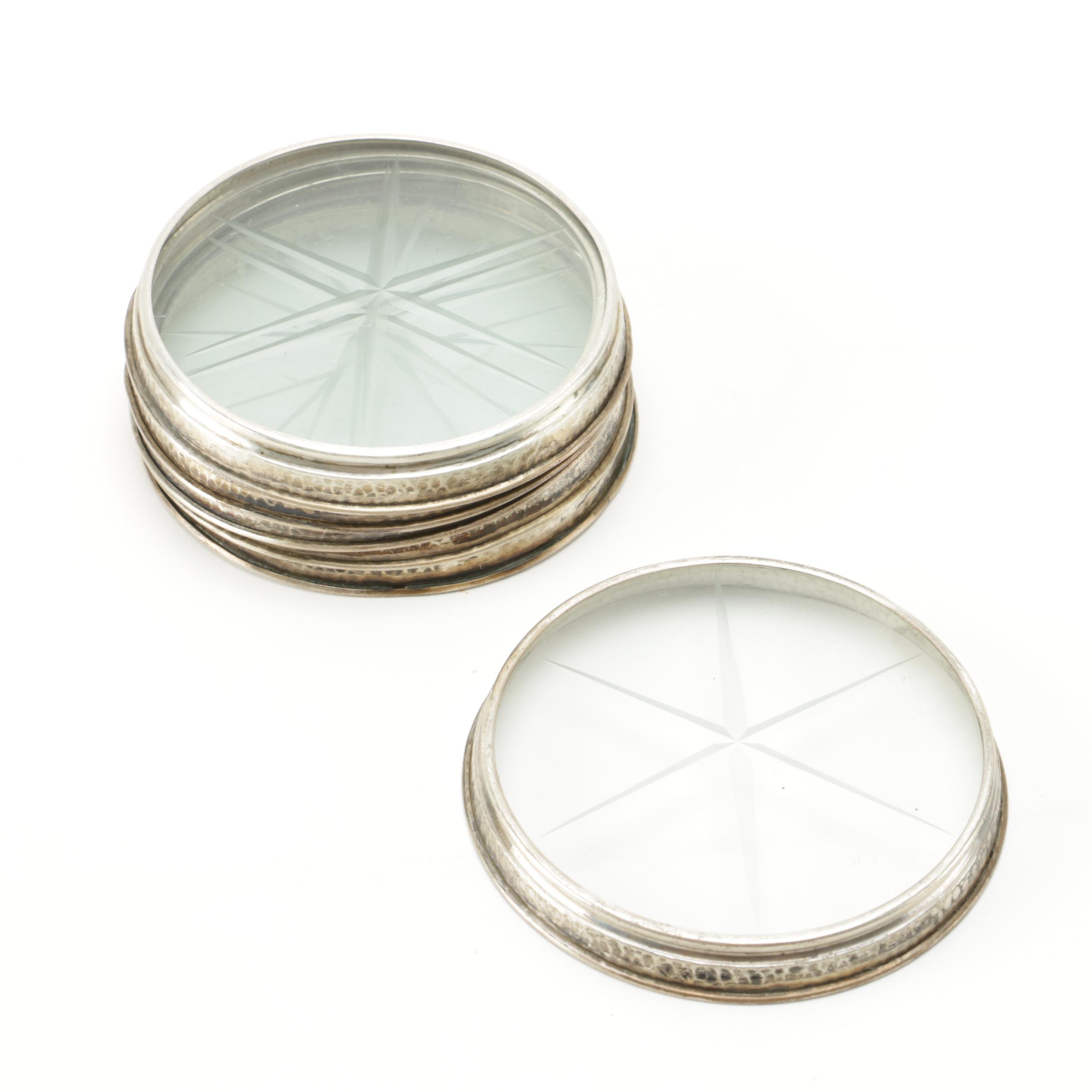 Set of Six Glass Coasters with Silver Plate Rims EBTH