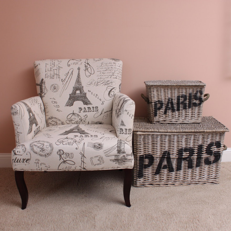 Paris Themed Arm Chair And Baskets Ebth