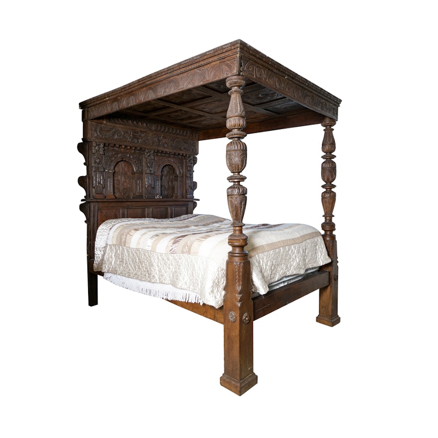 Partial Antique Elizabethan Style Oak Tester Bed Frame