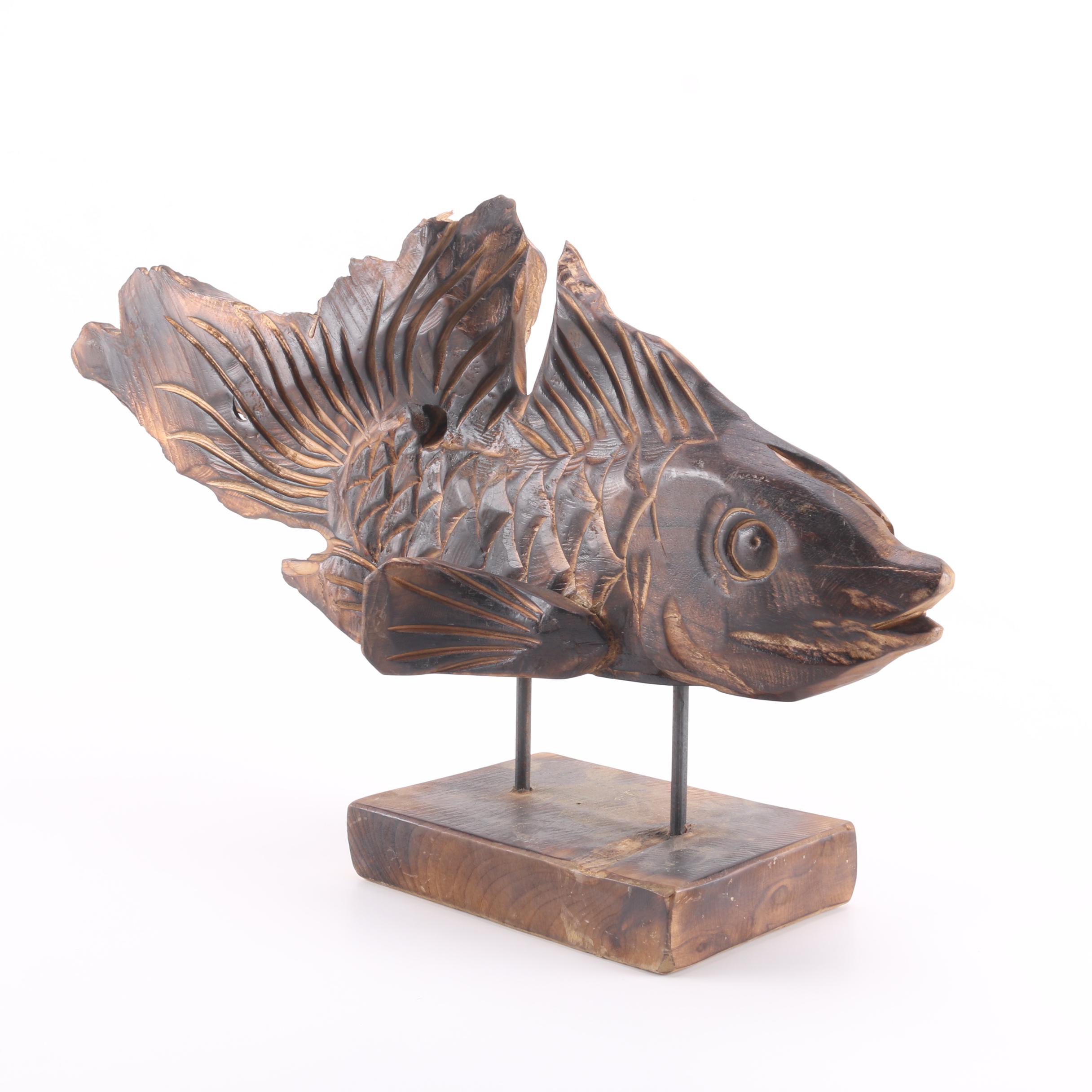 HandCarved Wooden Goldfish Statue EBTH