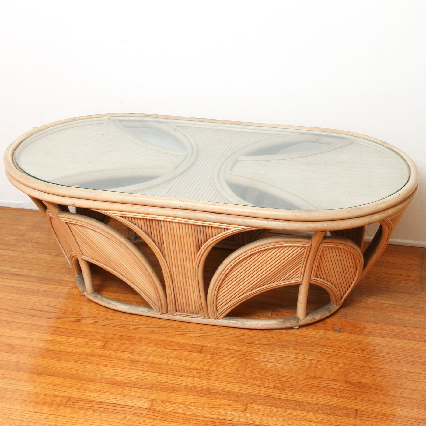 Art Deco Style Oval Rattan and Glass Coffee Table EBTH