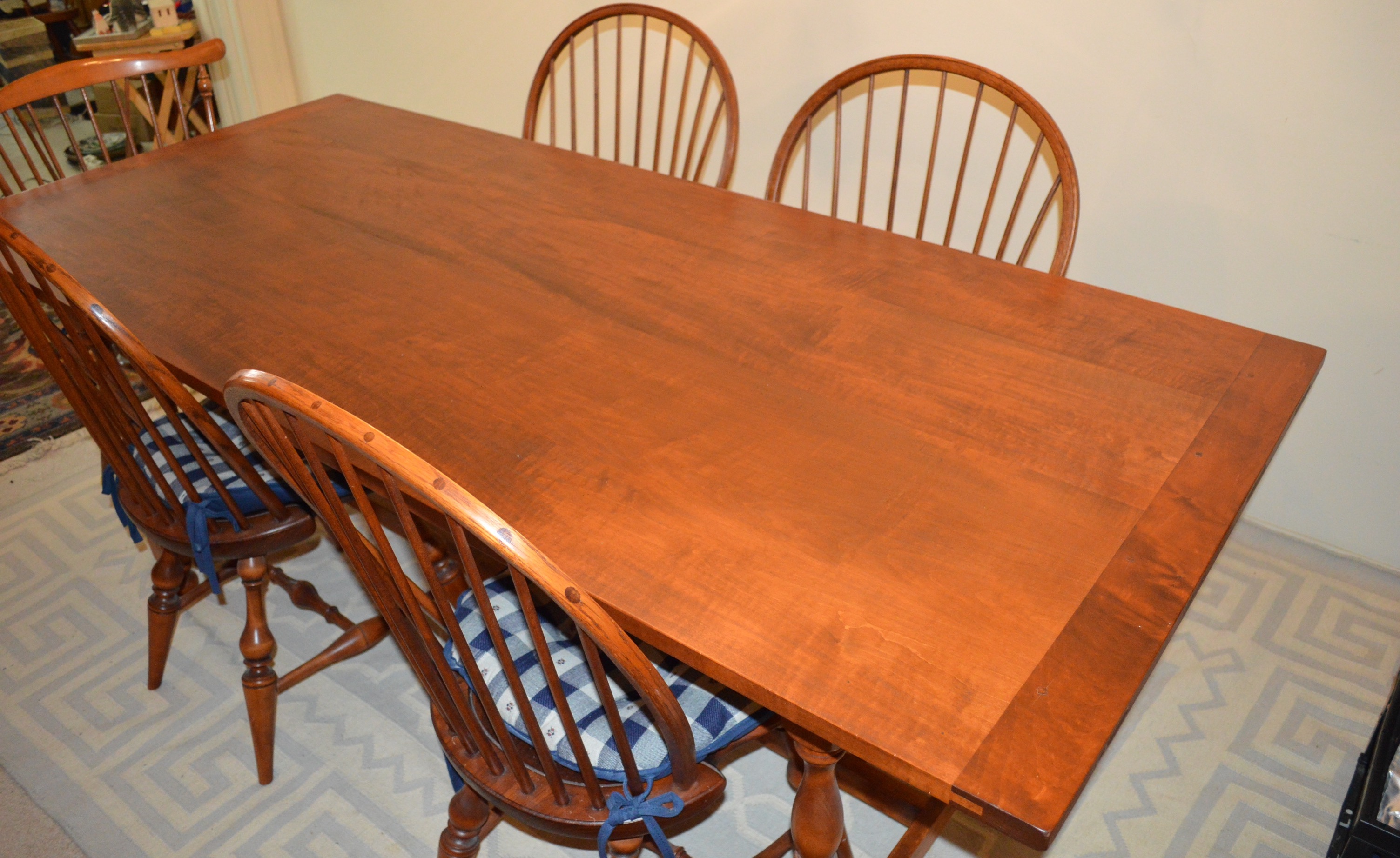 Hand-Crafted Trestle Table and Five Windsor-Style Chairs ...