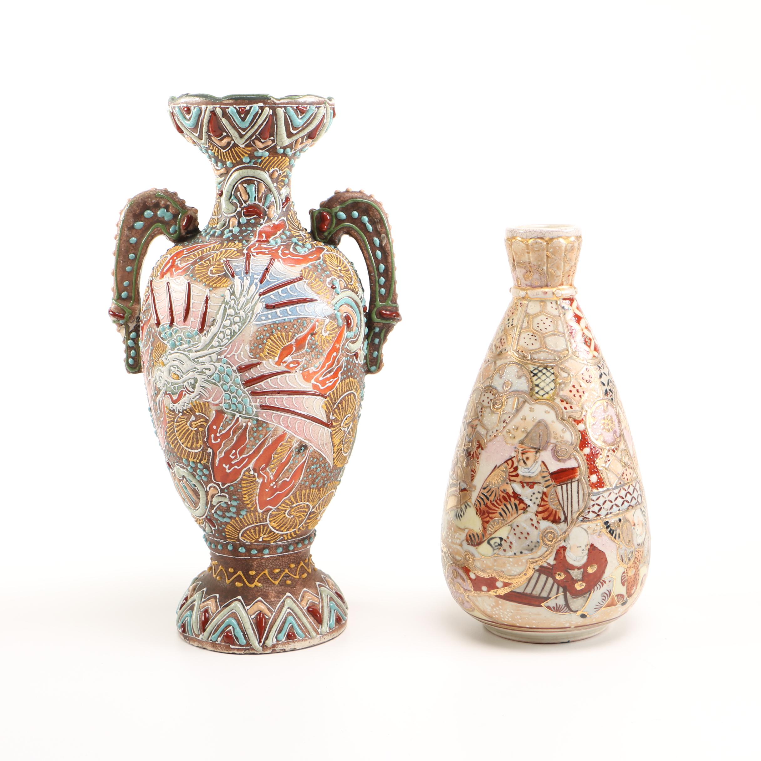 Ornate Japanese Hand Painted Ceramic Vases Ebth