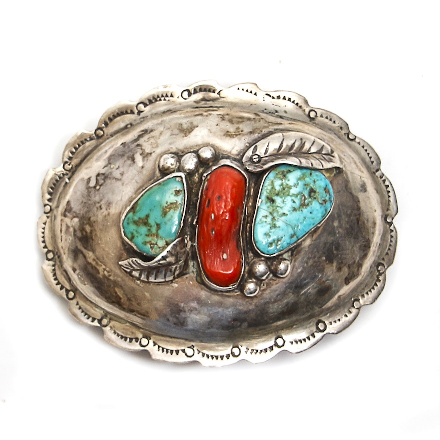Signed "Topo" Heavy Sterling Turquoise and Coral Belt Buckle