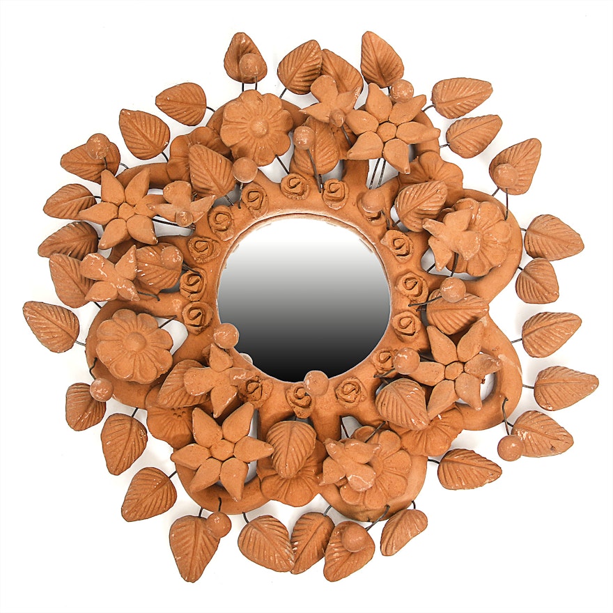 Vintage Mexican Hand-Sculpted Terracotta Wall Mirror
