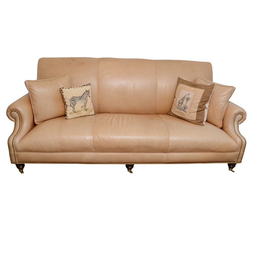 Studded Beige Leather Couch EBTH
