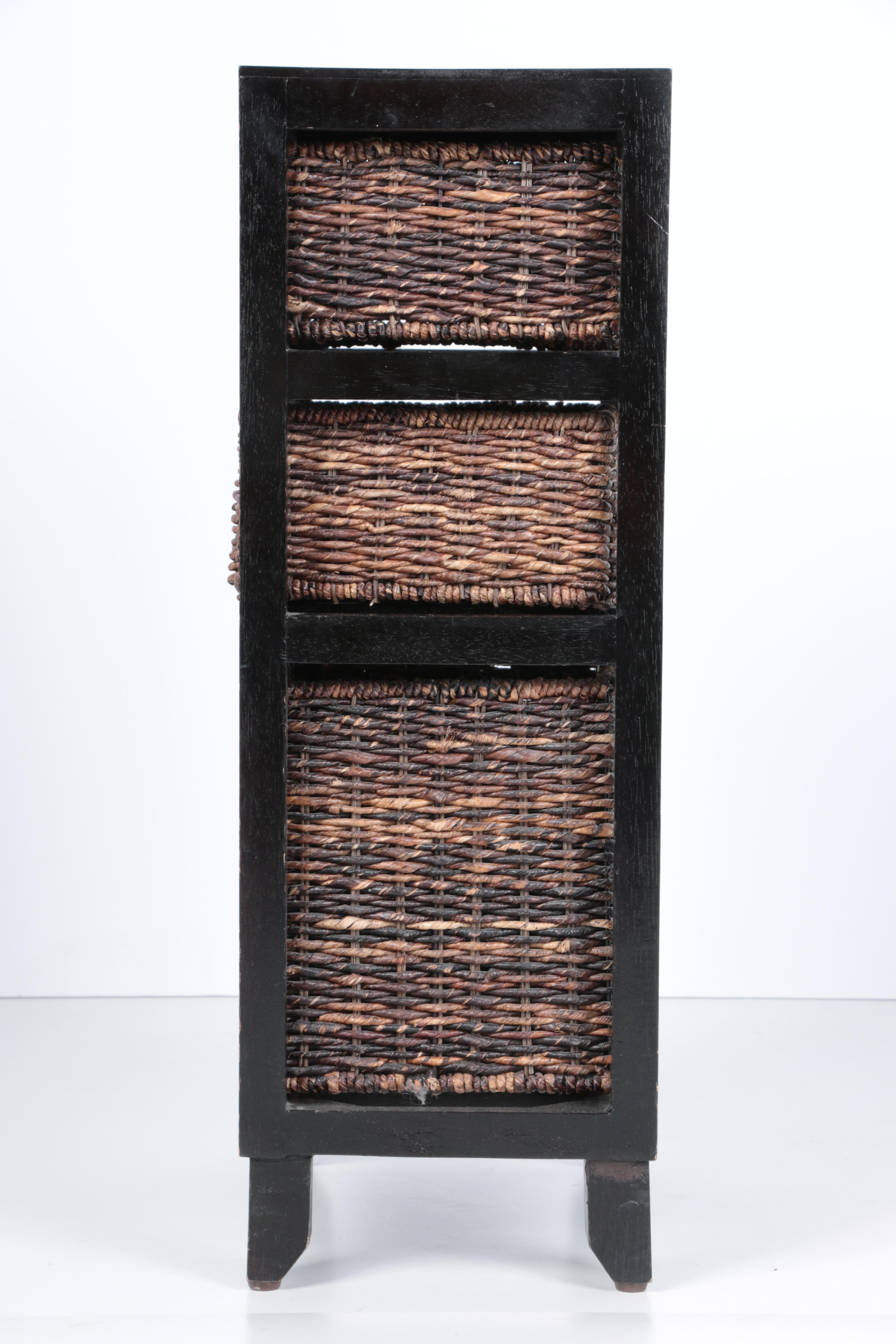 Contemporary Wooden Shelf With Wicker Baskets EBTH