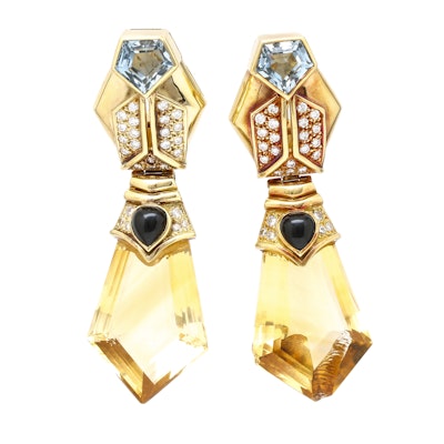 18K Two-Tone Gold Diamond, Citrine, and Blue Topaz, and Onyx Convertible Stud or Drop Earrings
