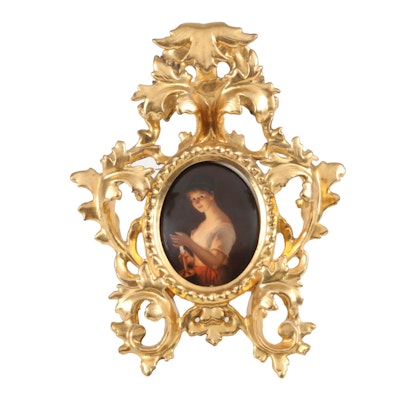 19th-Century Painted German Porcelain Plaque with Gesso Frame