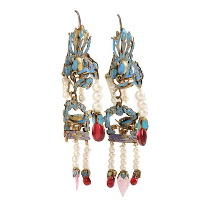 Chinese Qing Dynasty Kingfisher Feather and Jewel Earring Chinese Qing Dynasty Kingfisher Feather and Jewel Earring