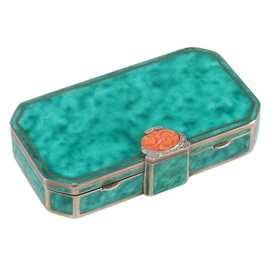 Augusta Peyroula Art Deco Sterling, Diamond and Coral Compact Augusta Peyroula Art Deco Sterling, Diamond and Coral Compact