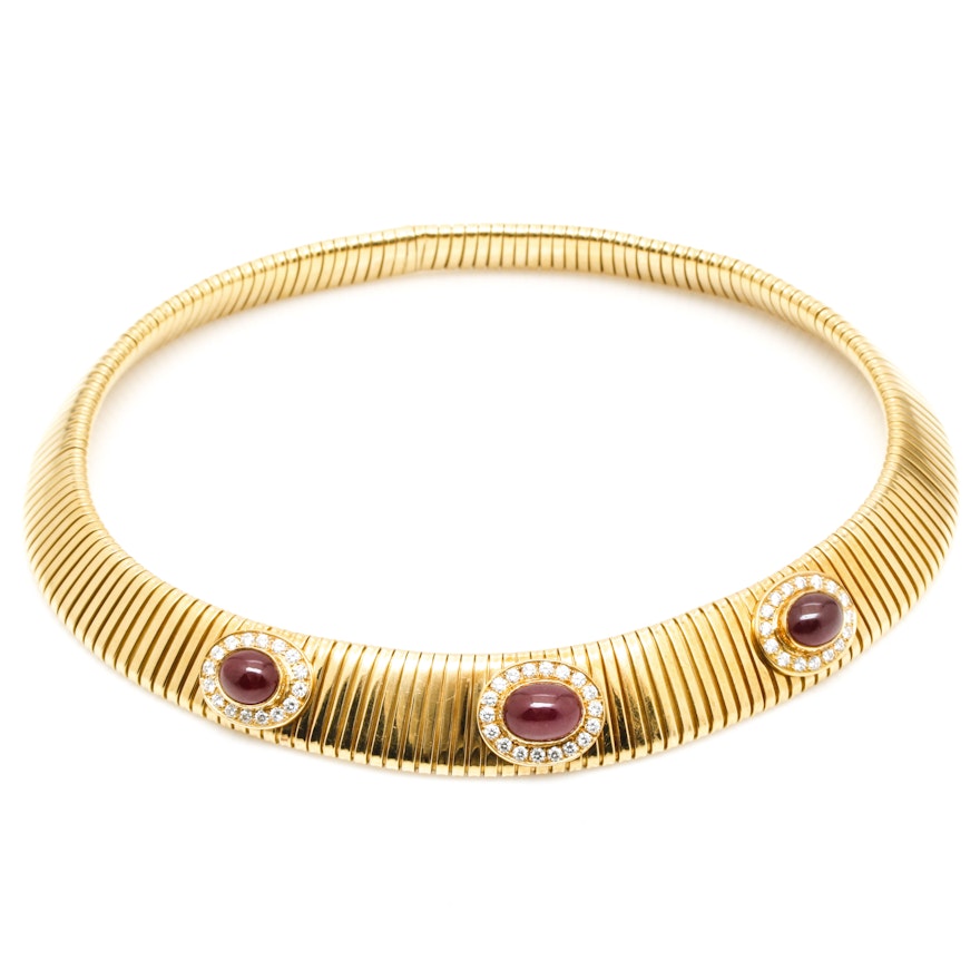 18K Yellow Gold 10.25 CTW Ruby and 1.50 CTW Diamond Omega Necklace