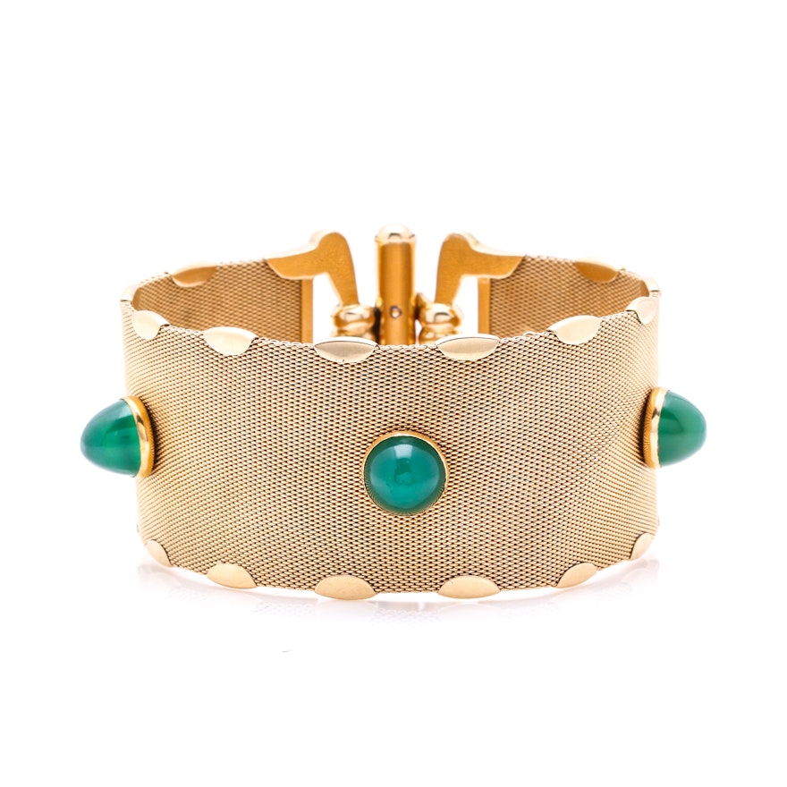 18K Yellow Gold Mesh Bracelet with Dyed Green Chalcedony Stones