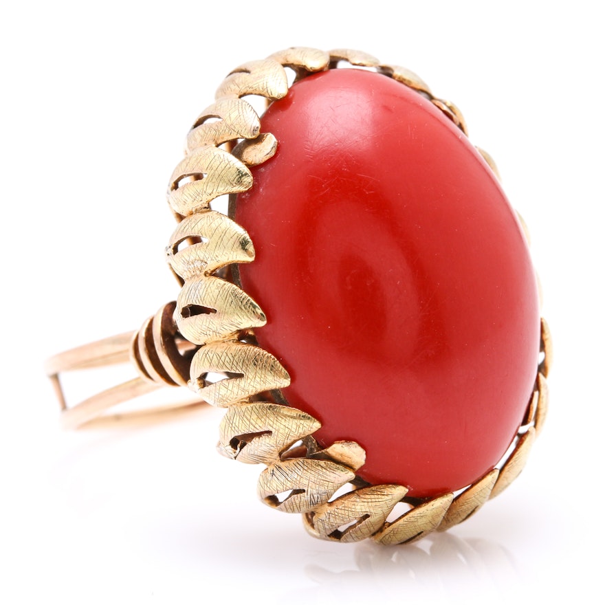 14K Yellow Gold Coral and Leaf Cocktail Ring