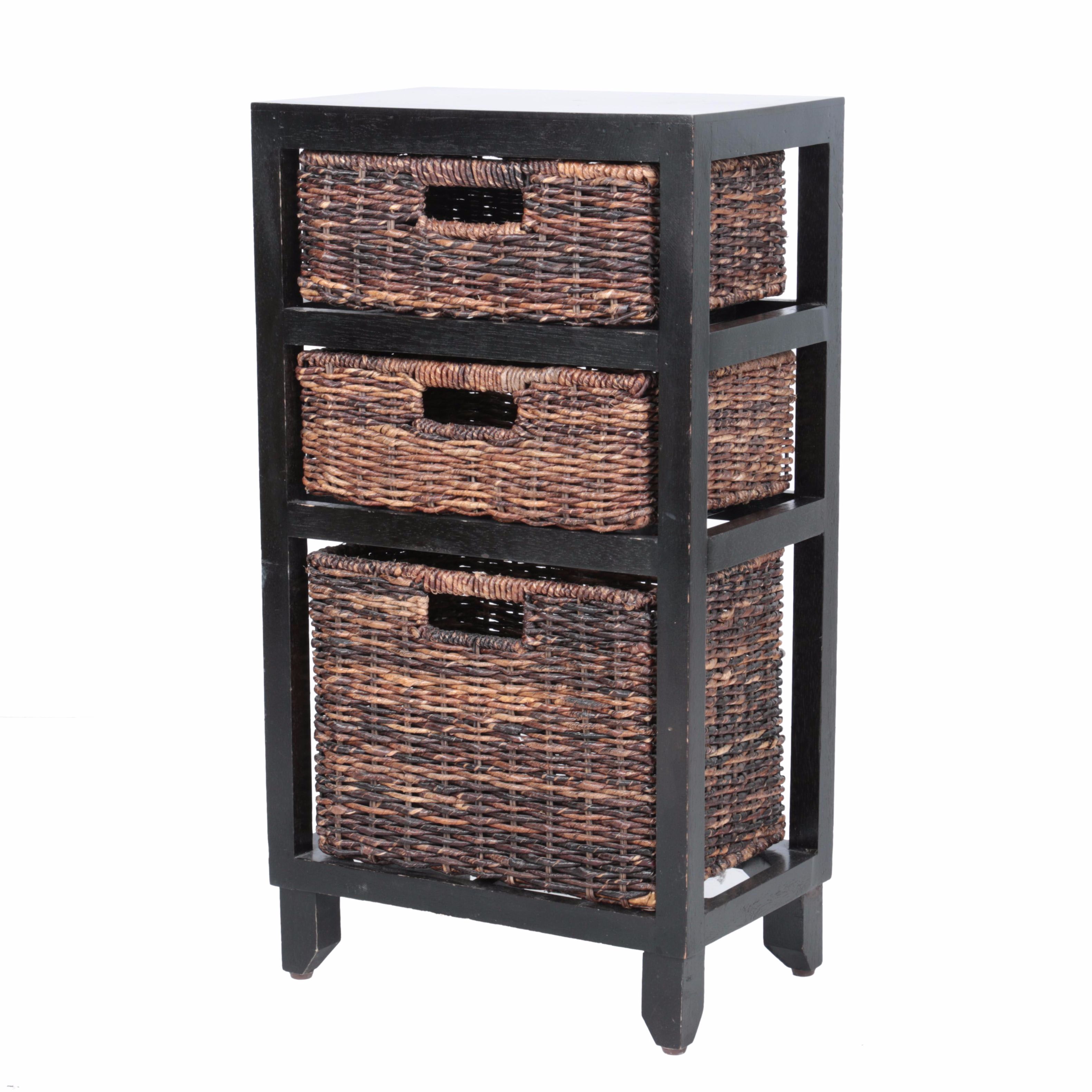 Contemporary Wooden Shelf With Wicker Baskets EBTH