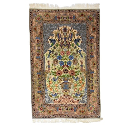 Hand-Knotted Persian Art Silk Prayer Rug