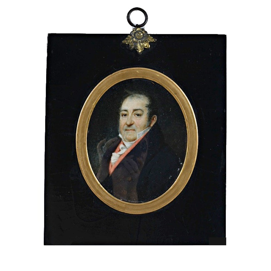 Early 19th-Century Oil Painting on Paper Portrait of a Man