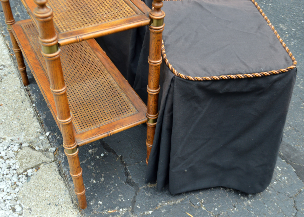 Pair of Skirted Side Tables and Cane Shelf EBTH