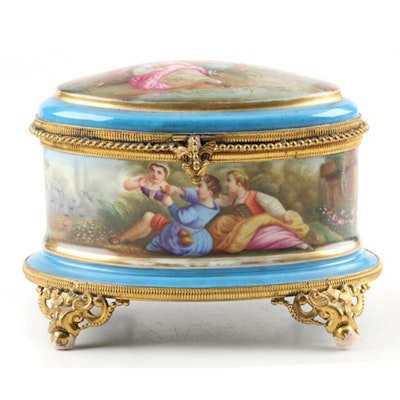 19th Century Hand Painted Sevres Style Porcelain Sewing Box