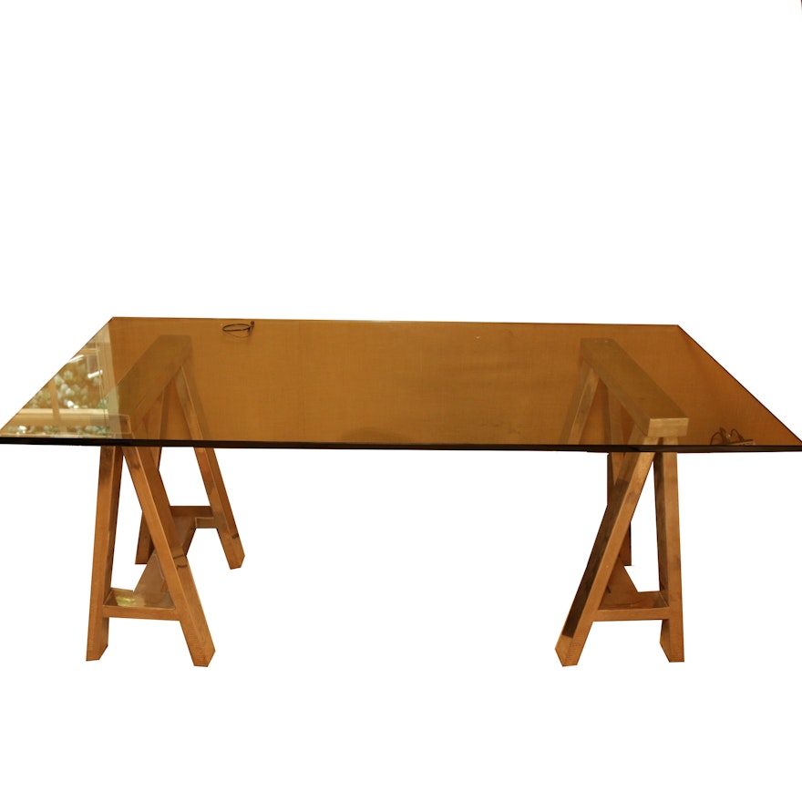 Restoration Hardware Glass Topped Desk With Chrome Sawhorse Legs