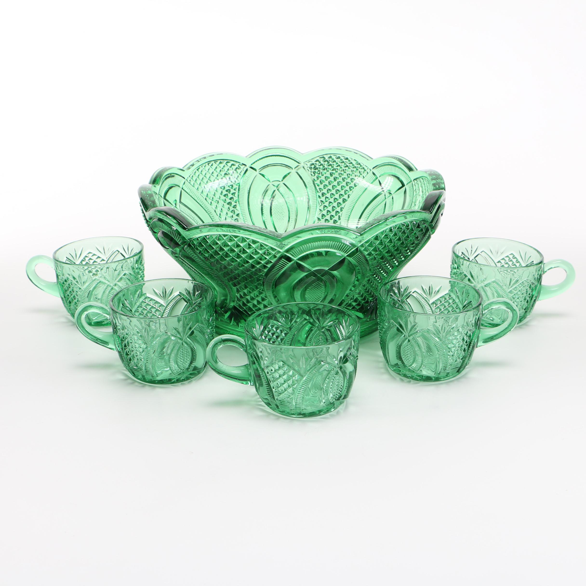 Emerald Green Cut Glass Punch Bowl Set EBTH