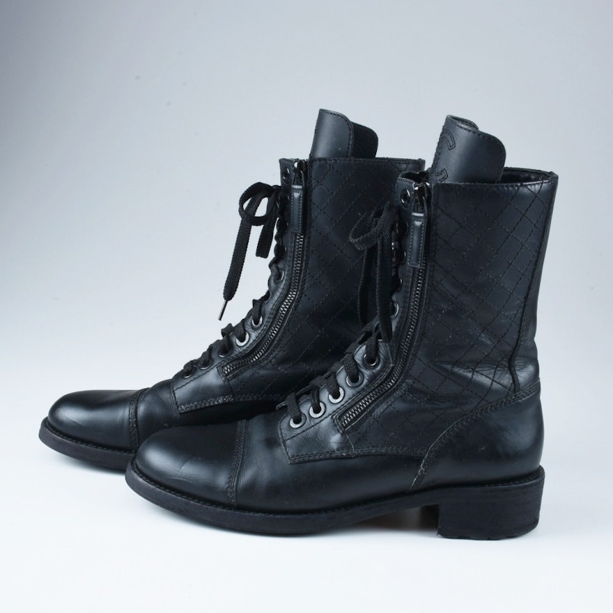 Pair of Chanel Black Leather Quilted Lace Up Combat Boots, Ladies | EBTH