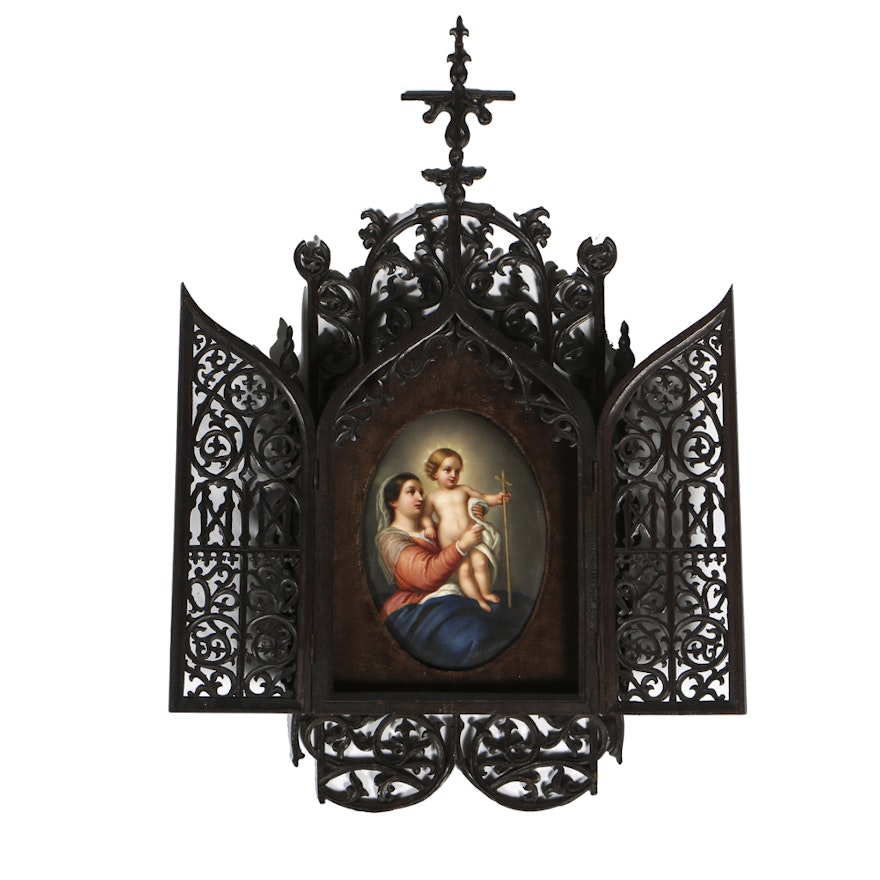Late 19th Century Porcelain of Madonna and Child in Gothic Frame