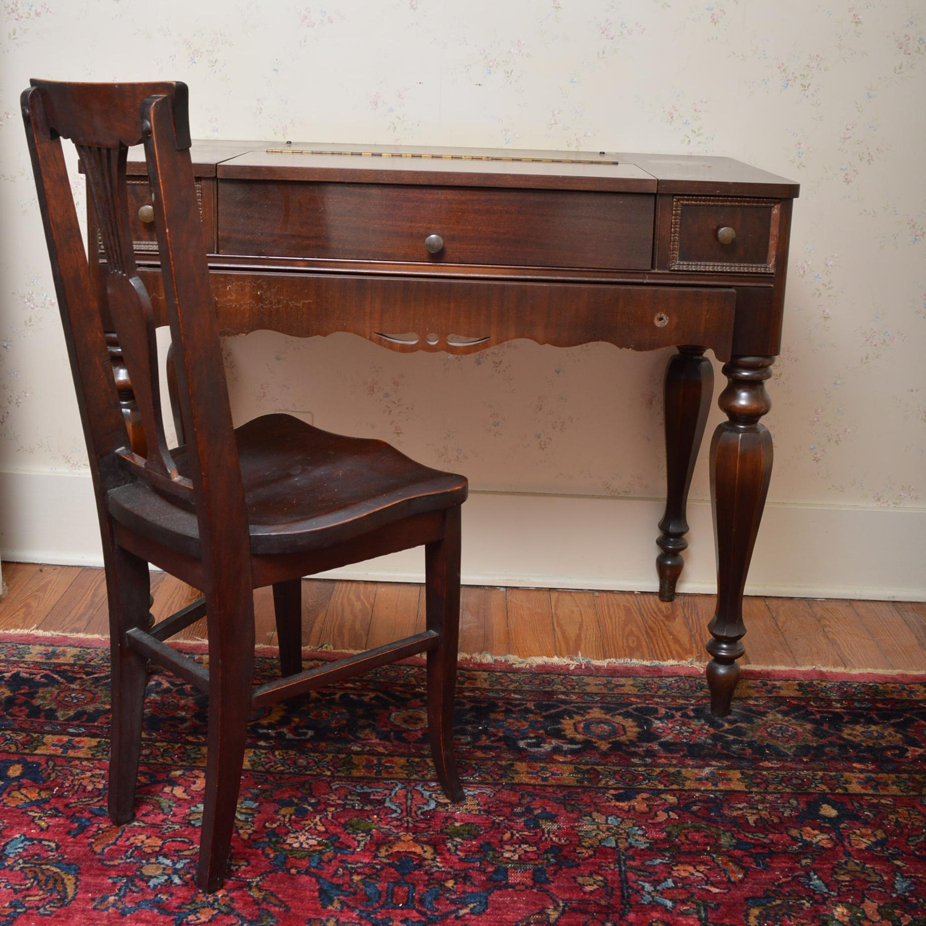 Antique Mahogany Veneer Spinet Desk And Chair Ebth