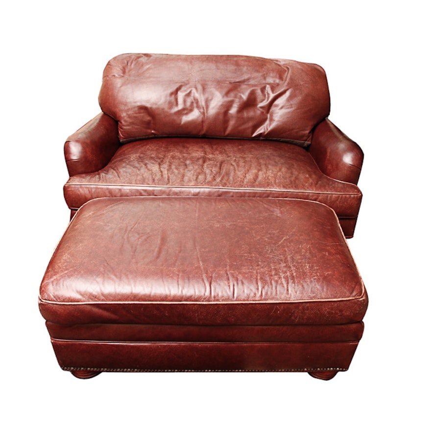 Overstuffed Leather Chair with Ottoman by Charles Stewart
